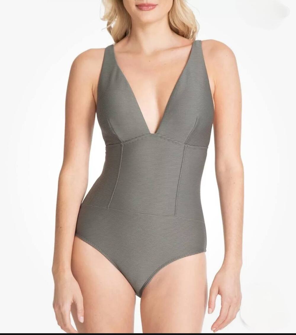 Rachel Roy Army Green Ribbed One Piece Plunge Swimsuit Size Large